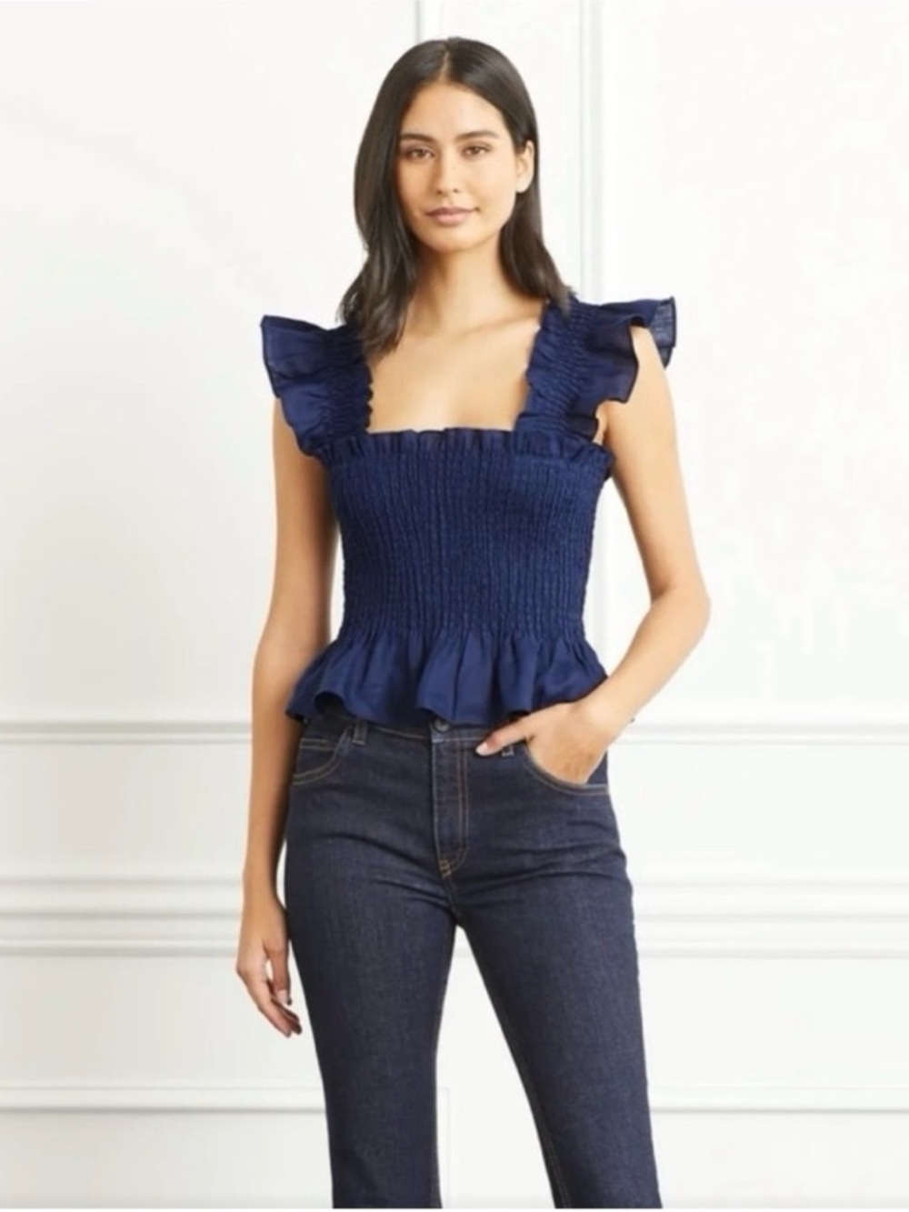Hill House Home Paz Navy Blue 100% Linen Smocked Ruffled Top